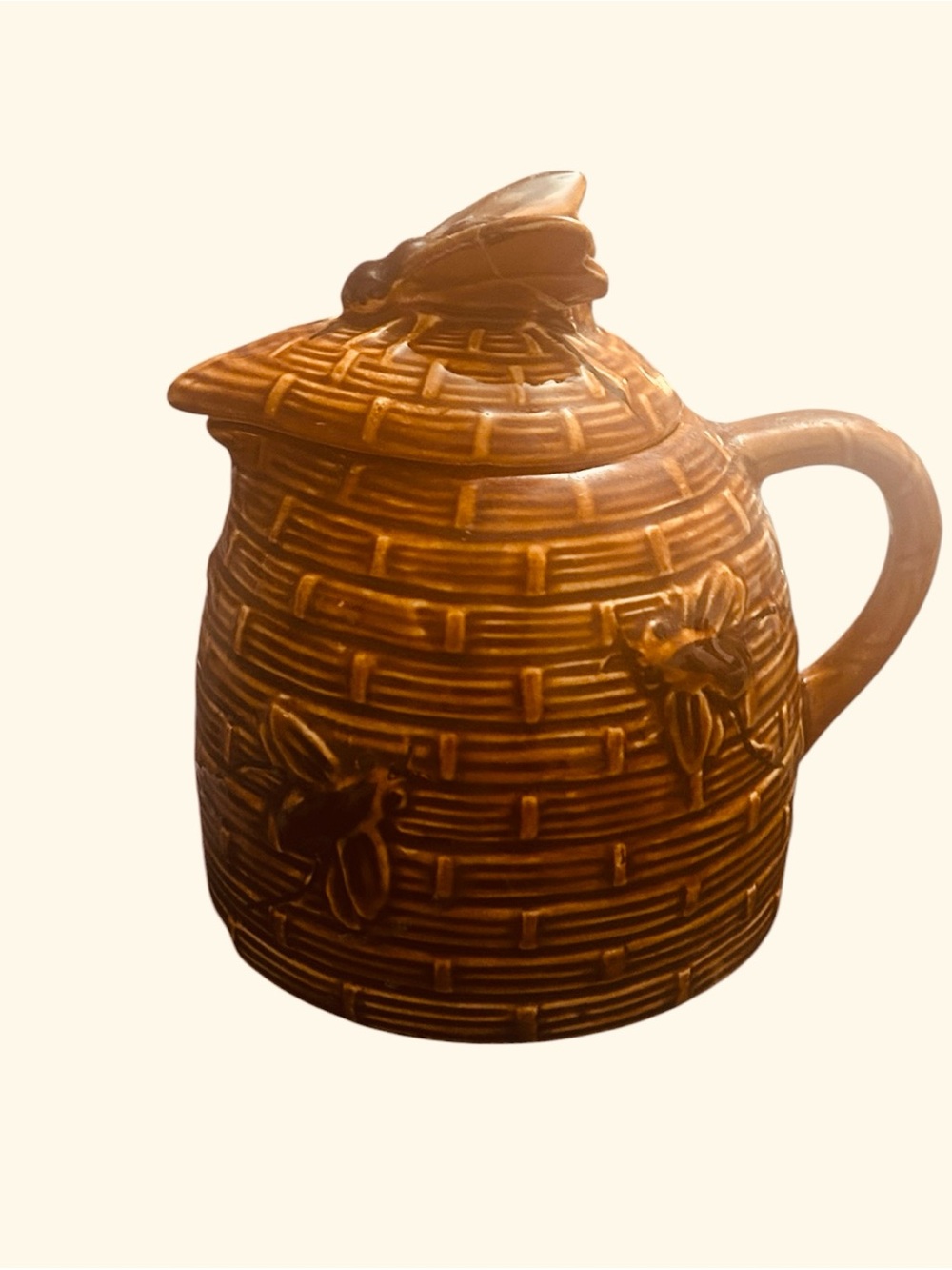 Vintage Ceramic Beehive Honey Jar 3D Bee Ceramic Lid Brown Made Japan 4"X4"